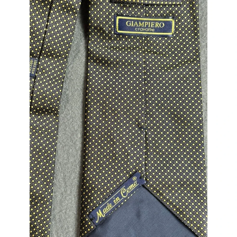Giampiero Cravette Italian 100% Silk Tie Micro Dot Mens Navy Yellow 57